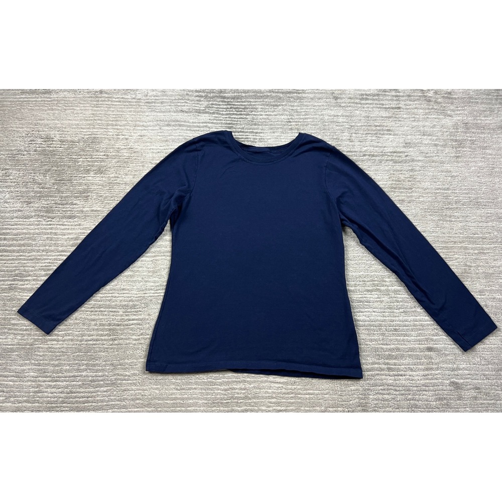 Hanes T-Shirt Women Medium Navy Blue Long Sleeve Crew Neck Cotton Basic Tee